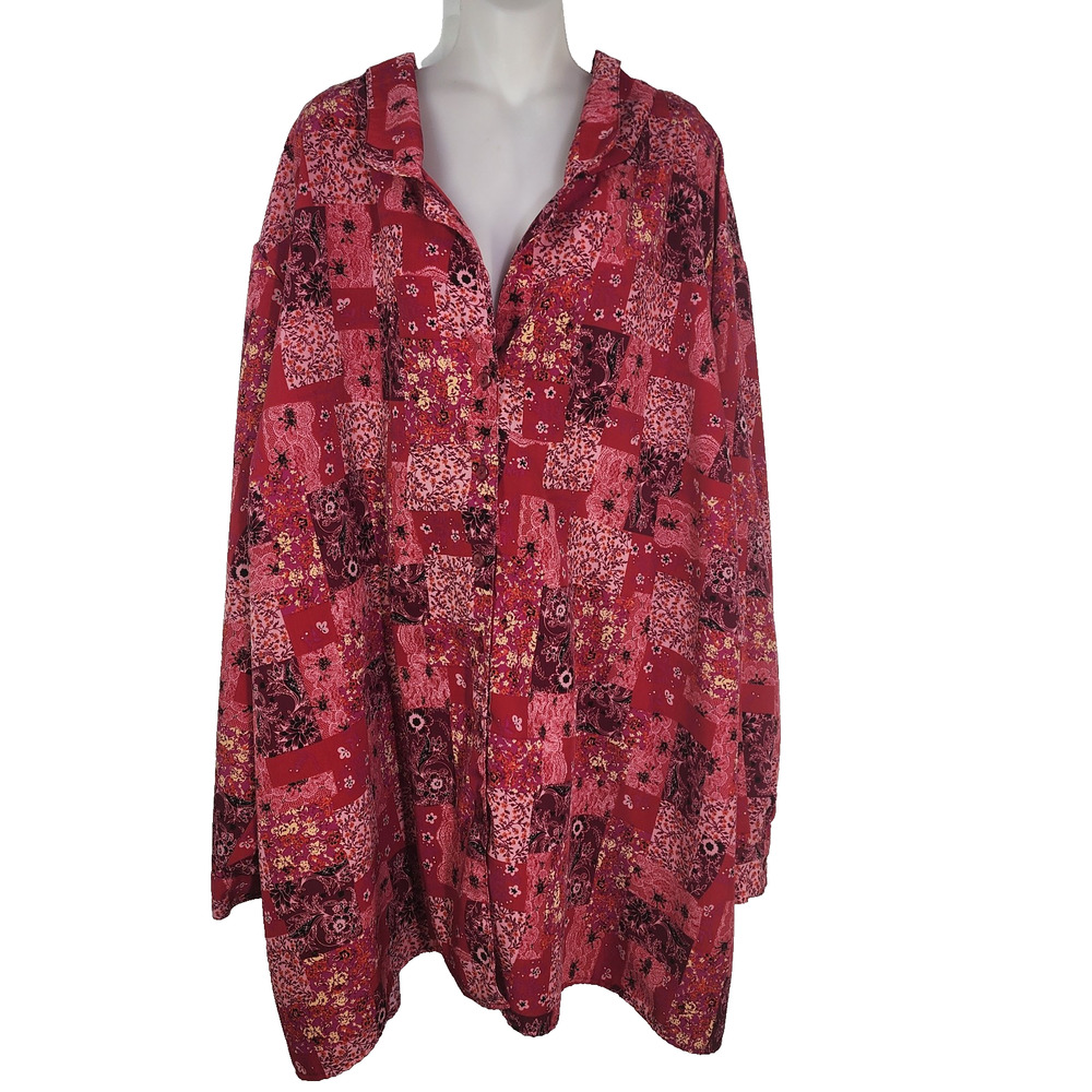 Brylane Woman Collection Tunic Shirt Size 6X Red Long Sleeves Button Floral